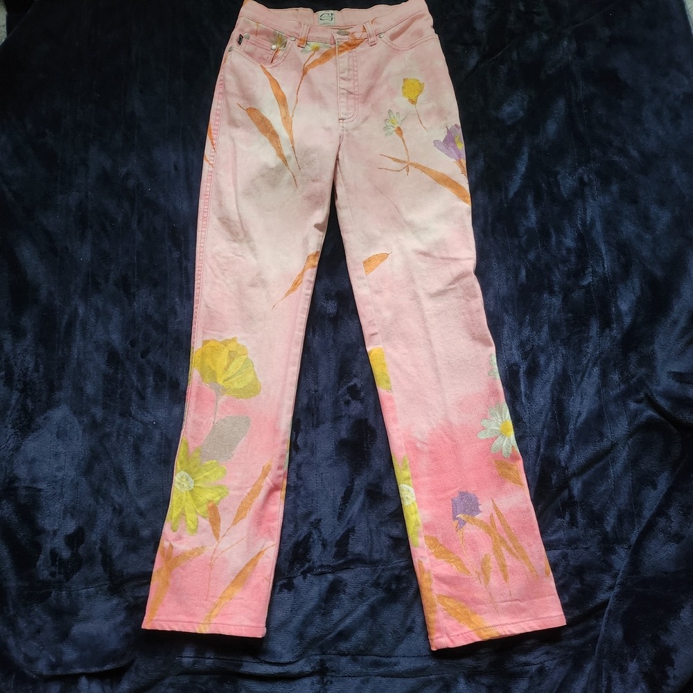 Roberto Cavalli Jeans Women 29 Pink Watercolor Floral Dip Dye Y2K Retro Italy
